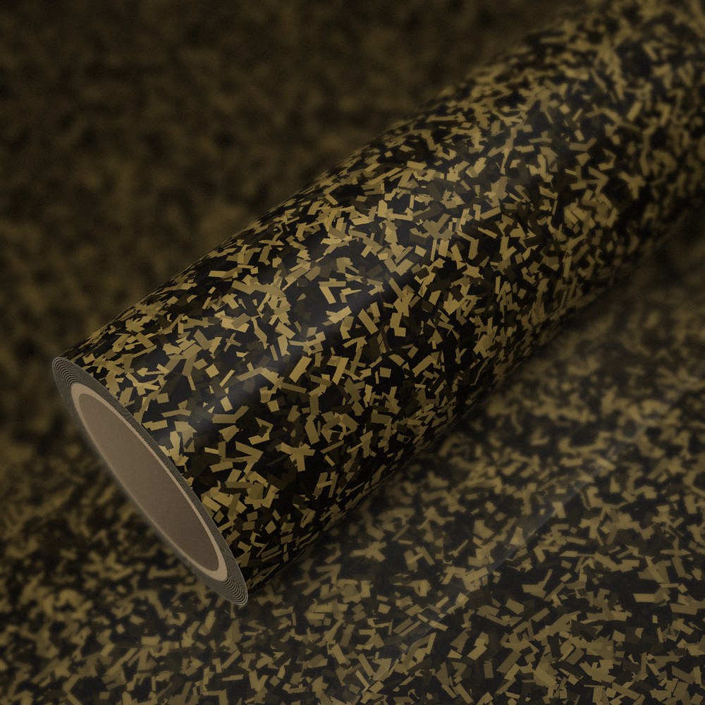 Rolo de vinil carbono forjado dourado brilho sobre uma folha do mesmo vinil